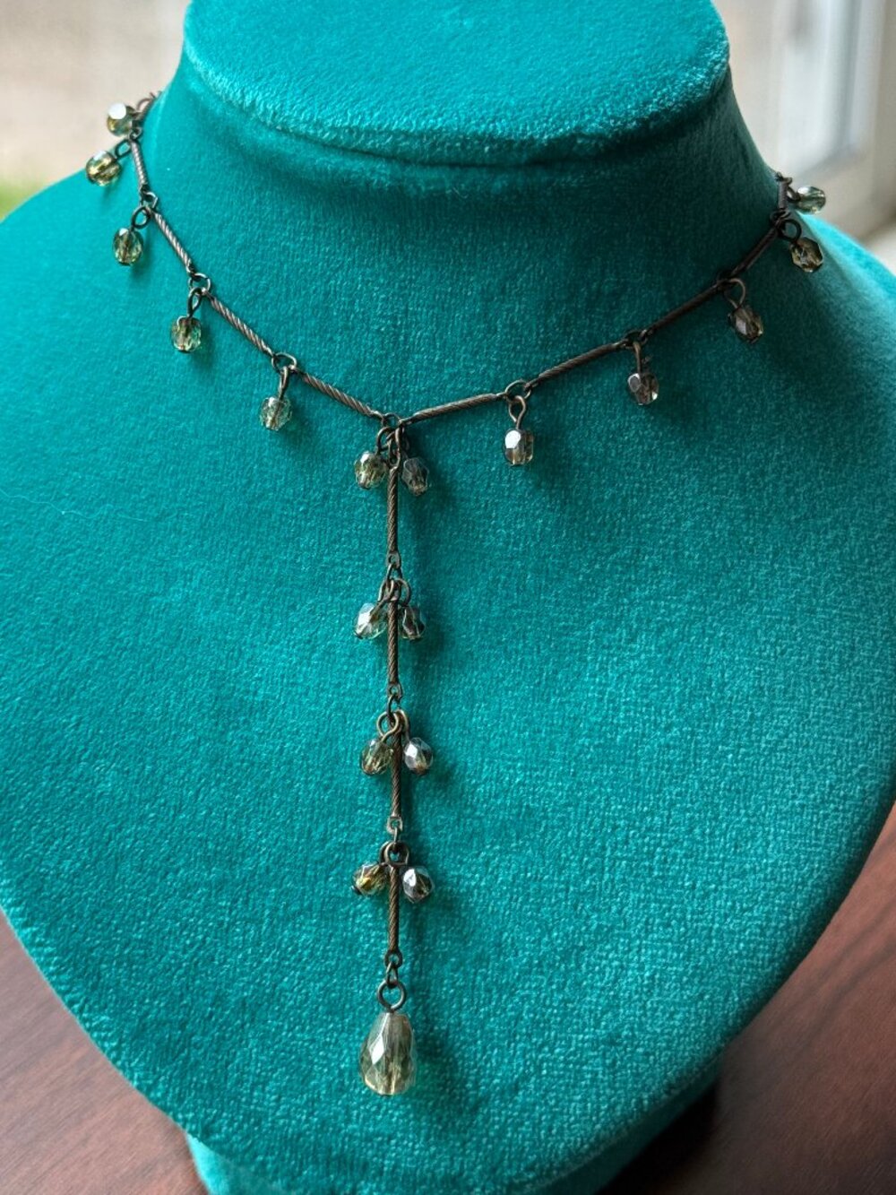 Y2K Green Grey Glass and Brass Lariat Necklace